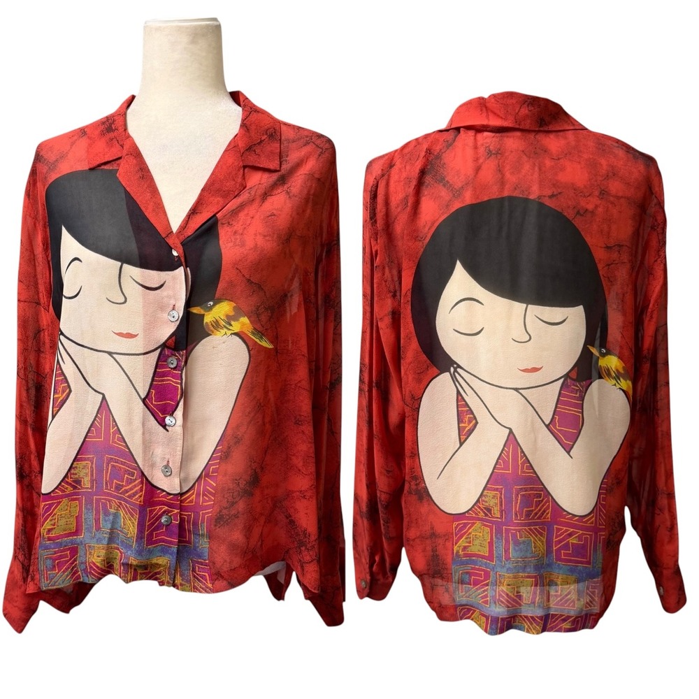 Chicos Tunic Top Button Up Womens 2 L 100% Silk Graphic Bird Red AOP Art to Wear